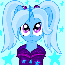 Size: 800x800 | Tagged: safe, alternate version, artist:katya, trixie, pony, unicorn, alternate hairstyle, babysitter trixie, blue background, clothes, cute, diatrixes, female, gameloft interpretation, hoodie, looking at you, mare, pigtails, simple background, solo, stars, twintails