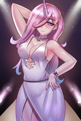 Size: 800x1200 | Tagged: safe, artist:tzc, fleur-de-lis, human, g4, anime, armpits, blushing, bracelet, breasts, busty fleur-de-lis, cleavage, hair over one eye, horn, horned humanization, humanized, jewelry, midriff, miss fleur is trying to seduce us, necklace