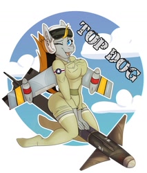 Size: 1280x1503 | Tagged: safe, artist:grumpygriffcreation, oc, oc only, oc:top dog, original species, plane pony, anthro, clothes, female, missile, one eye closed, plane, solo, stockings, thigh highs, wink