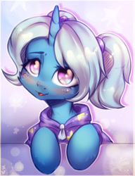 Size: 2000x2600 | Tagged: safe, artist:zefirka, gameloft, trixie, pony, unicorn, g4, alternate hairstyle, babysitter trixie, cheek fluff, clothes, female, gameloft interpretation, high res, hoodie, looking at you, open mouth, pigtails, solo