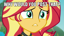 Size: 600x338 | Tagged: safe, edit, edited screencap, screencap, sunset shimmer, equestria girls, equestria girls series, forgotten friendship, g4, caption, crying, discovery family, discovery family logo, female, image macro, lightly watermarked, meme, sad, teary eyes, text, url, watermark, why would you post that