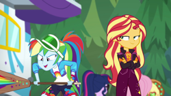 Size: 1920x1080 | Tagged: safe, screencap, applejack, fluttershy, rainbow dash, sci-twi, sunset shimmer, twilight sparkle, equestria girls, equestria girls series, g4, sunset's backstage pass!, spoiler:eqg series (season 2), accidental innuendo, backstage pass, crossed arms, female, happy, lidded eyes, music festival outfit, paddle, rainbow dash's paddle, smiling, smugset shimmer