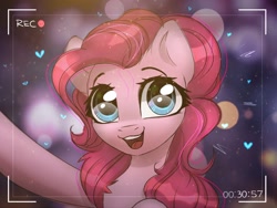 Size: 2000x1500 | Tagged: safe, artist:radioaxi, pinkie pie, earth pony, pony, g4, bust, chest fluff, cute, diapinkes, female, happy, heart, looking at you, mare, open mouth, rec, recording, smiling, smiling at you, solo