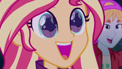 Size: 924x520 | Tagged: safe, edit, edited screencap, editor:clopero overlord, editor:drakeyc, screencap, fry lilac, sci-twi, sunset shimmer, twilight sparkle, equestria girls, equestria girls series, forgotten friendship, g4, sunset's backstage pass!, spoiler:eqg series (season 2), ass, background human, backstage pass, butt, clothes, cropped, cute, eye reflection, female, happy, lesbian, logo, reflection, sci-twibutt, shimmerbetes, ship:sci-twishimmer, ship:sunsetsparkle, shipping, smiling, spanish, swimsuit, twibutt, watermark, wide eyes