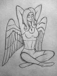 Size: 780x1040 | Tagged: safe, artist:pegasus_fs, fluttershy, human, g4, belly button, clothes, cute, eyes closed, female, humanized, lineart, relaxing, simple background, sitting, smiling, solo, traditional art, winged humanization, wings