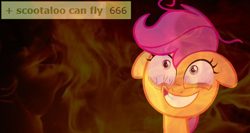 Size: 764x405 | Tagged: safe, editor:logan jones, scootaloo, pegasus, pony, derpibooru, g4, 666, bloodshot eyes, crazy face, demonic, faic, female, filly, fire, hell, insanity, meta, number of the beast, tags