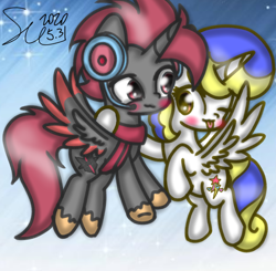 Size: 1100x1080 | Tagged: safe, artist:starflashing twinkle, oc, oc:starflashing twinkle, oc:strong wind, alicorn, pony, :p, alicorn oc, clothes, cute, earbuds, flying, happy, hooves, horn, hug, microphone, scarf, smiling, tongue out, wings