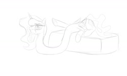 Size: 1280x773 | Tagged: safe, artist:astr0zone, part of a set, princess luna, alicorn, pony, g4, female, gritted teeth, impossibly long neck, lidded eyes, long neck, mare, necc, part of a series, princess luneck, prone, raised hoof, saggy, sketch, solo, stretchy, underhoof