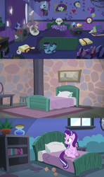 Size: 1920x3240 | Tagged: safe, screencap, starlight glimmer, pony, unicorn, every little thing she does, g4, the cutie map, the parent map, bed, bedroom, bloodshot eyes, female, pillow, solo, starlight's room