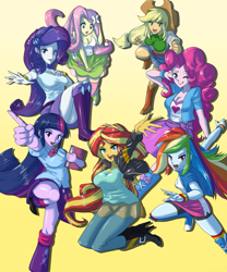 Size: 2200x2650 | Tagged: safe, artist:gpwlghr123, applejack, fluttershy, pinkie pie, rainbow dash, rarity, sunset shimmer, twilight sparkle, equestria girls, g4, action pose, book, breasts, busty applejack, busty fluttershy, busty mane six, busty pinkie pie, busty rainbow dash, busty rarity, busty sunset shimmer, busty twilight sparkle, cleavage, high res, humane five, humane seven, humane six, open mouth, simple background, yellow background