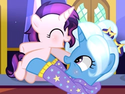Size: 1280x960 | Tagged: safe, artist:estories, artist:sleepy-rosie-sav, artist:themune, trixie, oc, oc:evening glitter, pony, unicorn, icey-verse, alternate hairstyle, babysitter trixie, base used, blushing, clothes, cute, diatrixes, eyes closed, female, filly, holding, hoodie, magical lesbian spawn, mare, multicolored hair, offspring, open mouth, parent:starlight glimmer, parent:sunset shimmer, parents:shimmerglimmer, pigtails, raised hoof, twilight's castle, twintails, younger