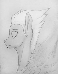 Size: 775x984 | Tagged: safe, artist:pegasus_fs, fleetfoot, pony, g4, bust, crying, eyes closed, feather, female, lineart, portrait, sad, sad smile, simple background, solo, teary eyes, traditional art
