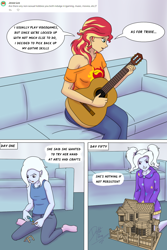 Size: 1000x1500 | Tagged: safe, artist:deltalima, gameloft, sunset shimmer, trixie, comic:dickhead shimmer 2, equestria girls, g4, alternate hairstyle, babysitter trixie, clothes, comic, dialogue, gameloft interpretation, guitar, hoodie, musical instrument, pigtails, popsicle stick, socks