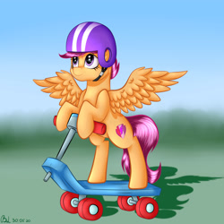 Size: 3000x3000 | Tagged: safe, artist:brilliant-luna, scootaloo, pegasus, pony, g4, bipedal, cheek fluff, cute, cutealoo, female, filly, helmet, high res, scooter, smiling, solo, wings