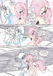 Size: 1536x2184 | Tagged: safe, oc, oc:politica segreta, oc:snowbelle, earth pony, pegasus, pony, comic:politica's rebound, bedroom eyes, blushing, blushing profusely, collar, colored pencil drawing, covering face, dialogue, female, glasses, mare, necktie, outdoors, road, shocked, sidewalk, sitting, speech bubble, talking, thought bubble, traditional art, walking