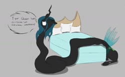 Size: 1280x796 | Tagged: safe, artist:astr0zone, queen chrysalis, changeling, changeling queen, g4, bed, commission, dialogue, eyes closed, female, gray background, gritted teeth, impossibly long neck, long neck, necc, saggy, simple background, solo, speech bubble, stretchy, struggling, sweat, wiggle