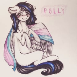 Size: 1080x1080 | Tagged: safe, artist:hardtimebreathing, oc, oc only, oc:polly, pegasus, pony, blushing, chest fluff, female, looking at you, mare, pride flag, simple background, solo, traditional art, white background