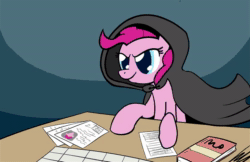 Size: 776x504 | Tagged: safe, artist:blackcat, artist:whatsapokemon, pinkie pie, twilight sparkle, alicorn, pony, g4, accounting, aivo, animated, avo, book, calculator, cloak, clothes, comic, dungeons and dragons, female, hoof on chin, horse taxes, magic missile, mare, pen and paper rpg, pencil, rpg, slice of life, sound, spread wings, tabletop game, tax evasion, taxes, twilight sparkle (alicorn), webm, wings