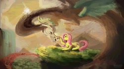 Size: 1920x1080 | Tagged: safe, artist:shabawdy, discord, fluttershy, draconequus, pegasus, pony, g4, boop, chest fluff, cliff, facing each other, female, flying, looking at each other, male, mare, mountain, outdoors, profile, prone, raised hoof, ship:discoshy, shipping, smiling, straight, stray strand, wingless