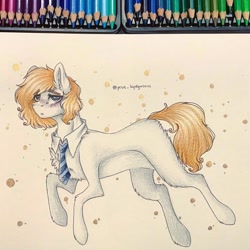 Size: 1080x1080 | Tagged: safe, artist:hardtimebreathing, oc, oc only, oc:connie, earth pony, pony, blushing, necktie, pencil, photo, solo, traditional art