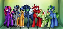 Size: 1280x594 | Tagged: safe, artist:appleneedle, oc, oc:ace jetstream, oc:fire light, oc:iron crackle, oc:libra, oc:razgriz mirage, oc:tropical storm, oc:vintage garnet, bat pony, changeling, earth pony, pony, unicorn, glasses, room