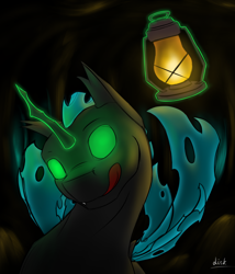 Size: 3000x3500 | Tagged: safe, artist:diskrt, changeling, pony, bust, cave, glowing eyes, glowing horn, green eyes, high res, horn, lantern, light, magic, signature, solo, telekinesis