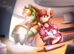 Size: 1508x1106 | Tagged: safe, artist:sugarlesspaints, oc, oc only, anthro, anthro oc, apron, baking, clothes, commission, duo, female, flour, male, mare, rolling pin, stallion