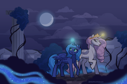 Size: 3600x2400 | Tagged: safe, artist:dreamscapevalley, princess celestia, princess luna, alicorn, pony, g4, duo, duo female, female, glowing horn, high res, horn, implied nightmare moon, mare, moon, night, pink-mane celestia, s1 luna