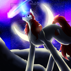 Size: 5800x5800 | Tagged: safe, artist:florarena-kitasatina/dragonborne fox, oc, oc only, oc:crimson flame, pony, absurd resolution, chiaroscuro, from below, looking up, moon, night, shading, shooting star, signature, solo, watermark