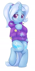 Size: 1372x2732 | Tagged: safe, artist:drafthoof, trixie, pony, unicorn, g4, alternate hairstyle, babysitter trixie, bipedal, blushing, body pillow, body pillow design, clothes, cute, diatrixes, female, gameloft interpretation, hoodie, looking at you, mare, pigtails, simple background, solo, twintails, white background