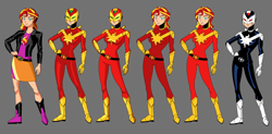 Size: 3514x1727 | Tagged: safe, artist:ironmatt1995, sunset shimmer, equestria girls, g4, clothes, concept art, female, gray background, jacket, line-up, simple background, super sentai