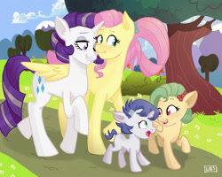 Size: 1000x800 | Tagged: safe, artist:laescbr, fluttershy, rarity, oc, oc:agate, oc:florence, pegasus, pony, unicorn, g4, female, filly, half-siblings, horn, lesbian, magical lesbian spawn, mare, mother and child, mother and daughter, next generation, offspring, parent:fancypants, parent:fluttershy, parent:rarity, parents:flarity, parents:raripants, pegasus oc, pony oc, ship:flarity, shipping, siblings, sisters, story included, unicorn oc, wings