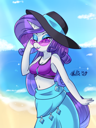 Size: 1350x1800 | Tagged: safe, artist:melliedraws, rarity, unicorn, anthro, equestria girls, g4, my little pony equestria girls: better together, beach, belly button, bikini, breasts, cleavage, clothes, equestria girls outfit, female, glasses, hat, heart nostrils, looking at you, mare, one eye closed, outdoors, rarity's blue sarong, rarity's purple bikini, sarong, solo, stupid sexy rarity, swimsuit, wink