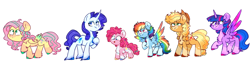 Size: 4388x1062 | Tagged: safe, artist:honneymoonmlp, derpibooru exclusive, applejack, fluttershy, pinkie pie, rainbow dash, rarity, twilight sparkle, alicorn, earth pony, pegasus, pony, unicorn, g4, chest fluff, colored hooves, colored wings, cowboy hat, hat, headcanon, mane six, multicolored wings, rainbow wings, twilight sparkle (alicorn), unshorn fetlocks, wings