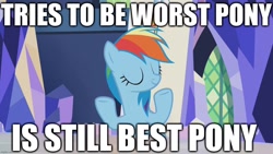 Size: 1280x720 | Tagged: safe, edit, edited screencap, screencap, rainbow dash, pegasus, pony, g4, memories and more, my little pony: friendship is forever, 9now, best pony, blue coat, blue fur, blue wings, caption, eyes closed, female, folded wings, friendship throne, hooves up, image macro, mare, multicolored hair, multicolored mane, rainbow hair, shrug, sitting, smiling, solo, text, who cares, wings, worst pony