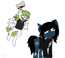 Size: 1440x1285 | Tagged: safe, artist:meaxtonly, earth pony, pegasus, pony, undead, zombie, zombie pony, awsten knight, axe, bone, both cutie marks, bring me the horizon, clothes, colored pupils, colored sclera, commission, crazy eyes, crossover, duo, duo male, fangs, flying, glasgow smile, hoof hold, horseshoes, imminent murder, jewelry, lip piercing, long sleeves, male, necklace, oliver sykes, open mouth, piercing, ponified, scar, shirt, simple background, stallion, stitches, t-shirt, tattoo, this will end in pain, torn ear, transparent background, waterparks, weapon, wings, ych result