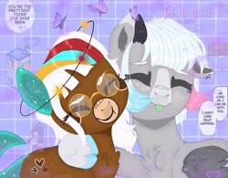 Size: 781x609 | Tagged: safe, artist:dxggy_tearz, oc, oc only, earth pony, pegasus, pony, :p, base used, chest fluff, cloven hooves, dialogue, ear piercing, earring, earth pony oc, eyes closed, freckles, glasses, heart, jewelry, pegasus oc, piercing, side hug, solo, tongue out, wings
