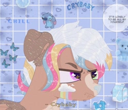 Size: 1080x930 | Tagged: safe, artist:dxggy_tearz, oc, oc only, oc:bulle soap, pegasus, pony, bust, frown, heterochromia, lilo and stitch, multicolored hair, offscreen character, rainbow hair, solo, starry eyes, stitch, talking, wingding eyes