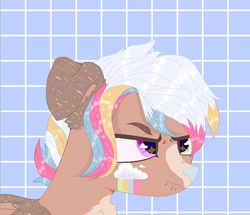 Size: 1080x930 | Tagged: safe, alternate version, artist:dxggy_tearz, oc, oc only, oc:bulle soap, pegasus, pony, bust, frown, heterochromia, multicolored hair, rainbow hair, solo, starry eyes, wingding eyes