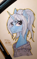 Size: 1660x2620 | Tagged: safe, artist:alicetriestodraw, trixie, pony, unicorn, g4, alternate hairstyle, babysitter trixie, clothes, colored sketch, female, hoodie, logo, markers, solo, stars, traditional art