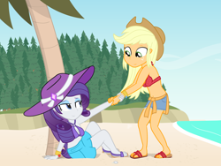 Size: 1800x1350 | Tagged: safe, artist:dm29, applejack, rarity, equestria girls, g4, beach, belly button, bikini, breasts, cleavage, clothes, duo, duo female, feet, female, sandals, sarong, sleeveless, swimsuit