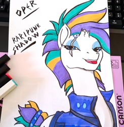 Size: 1080x1103 | Tagged: safe, artist:operfield, rarity, tempest shadow, pony, unicorn, g4, alternate hairstyle, broken horn, clothes, eye scar, female, fusion, horn, irl, jacket, keyboard, mare, photo, punk, raripunk, scar, signature, solo, tail wrap, traditional art