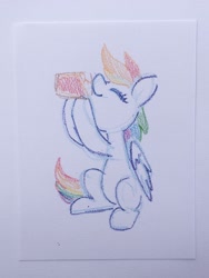 Size: 1536x2048 | Tagged: safe, artist:dawnfire, rainbow dash, pegasus, pony, g4, drinking, eyes closed, female, glass, hoof hold, mare, missing cutie mark, sitting, solo, traditional art