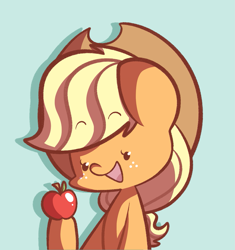 Size: 1091x1161 | Tagged: safe, artist:typhwosion, applejack, earth pony, pony, g4, :d, apple, bust, cute, female, food, freckles, hat, hoof hold, jackabetes, mare, profile picture, smiling, solo, that pony sure does love apples
