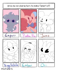 Size: 857x1024 | Tagged: safe, artist:typhwosion, pinkie pie, bird, dog, earth pony, espurr, ghost, penguin, pony, undead, anthro, g4, :d, :p, anthro with ponies, beastars, bowtie, bust, crossover, danny phantom, devil horn (gesture), ember mclain, female, hat, juno (beastars), king dedede, lineart, male, mare, ori, partial color, pokémon, six fanarts, tongue out, wide eyes