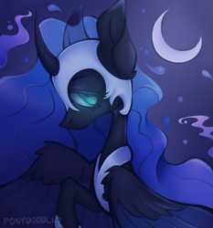 Size: 1109x1191 | Tagged: safe, artist:onionpwder, nightmare moon, alicorn, pony, g4, crescent moon, curved horn, female, helmet, hoof shoes, horn, jewelry, mare, moon, night, raised hoof, regalia, solo