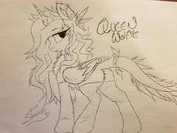 Size: 2048x1536 | Tagged: safe, artist:_wulfie, oc, oc only, oc:wulfie, alicorn, pony, alicorn oc, clothes, female, horn, leonine tail, lineart, mare, raised hoof, signature, socks, solo, tail wrap, traditional art, wings