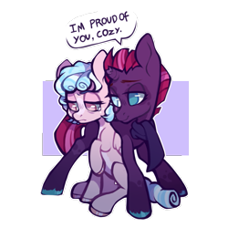 Size: 1227x1226 | Tagged: safe, artist:onionpwder, cozy glow, fizzlepop berrytwist, tempest shadow, pegasus, pony, unicorn, a better ending for cozy, broken horn, clothes, cozybetes, cozylove, crying, cute, duo, eye scar, female, filly, horn, mare, markings, open, raised hoof, redesign, sad, scar, scarf, simple background, sitting, smiling, tempestbetes, transparent background, unshorn fetlocks, when she smiles
