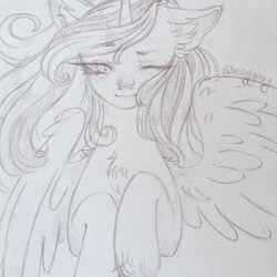 Size: 1080x1080 | Tagged: dead source, safe, artist:mayguay, oc, oc only, alicorn, pony, alicorn oc, blushing, bust, chest fluff, ear fluff, horn, lineart, one eye closed, solo, traditional art, wings, wink