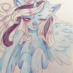 Size: 1080x1080 | Tagged: dead source, safe, alternate version, artist:mayguay, oc, oc only, alicorn, pony, alicorn oc, blushing, bust, chest fluff, colored, ear fluff, horn, one eye closed, solo, traditional art, wings, wink